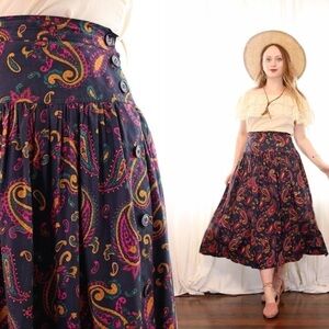 🦋 Vintage Rena Rowan Blue Pink A-Line Midi Skirt Paisley Boho Bohemian Colorful